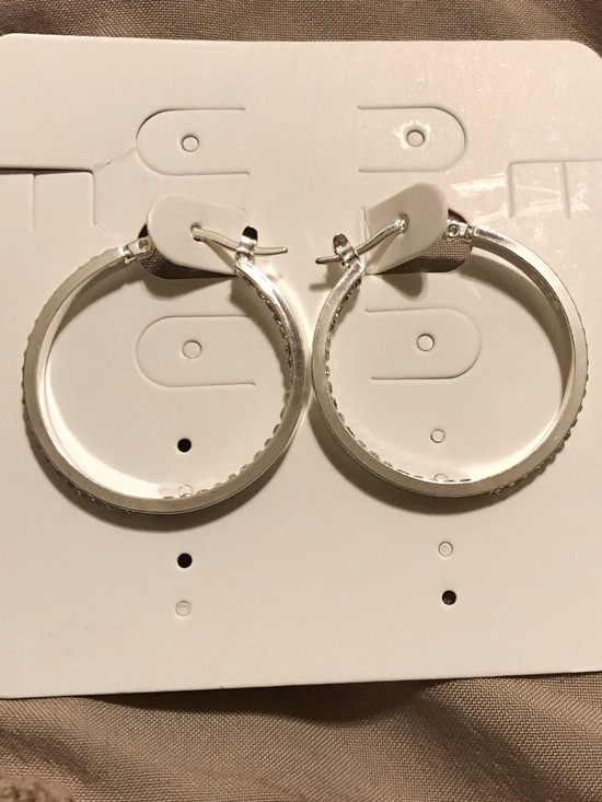 Jewelry - Silver Tone Textured Hoop Earrings - with inside / outside Rhinestones